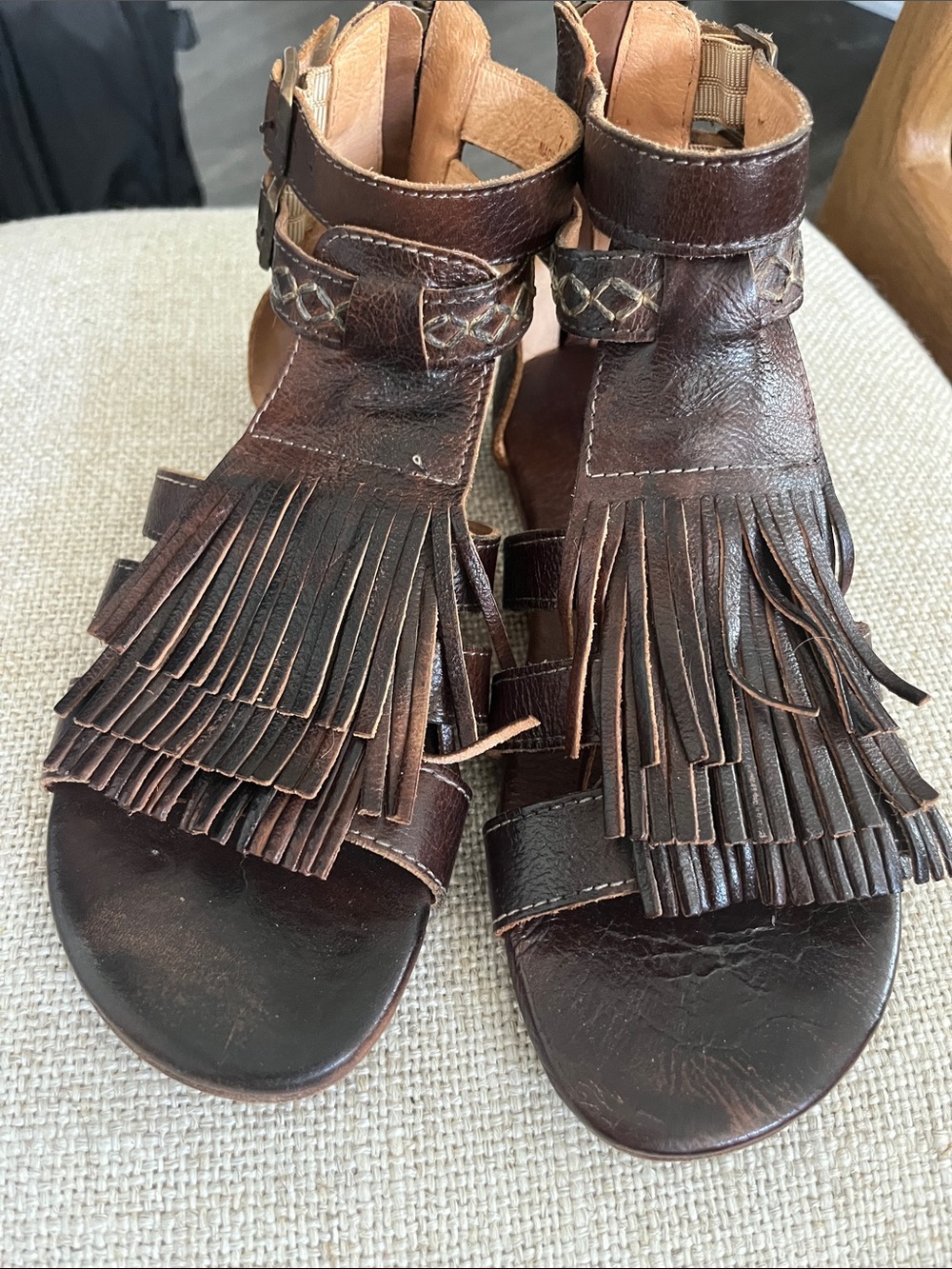 BED|STU Dark Brown Leather Fringed Ankle-Strap Sandals